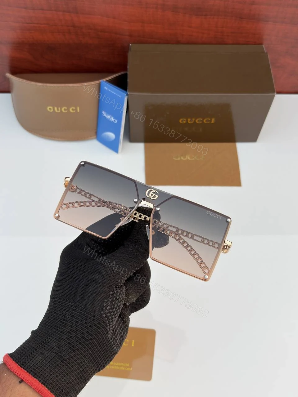 View 3 of First Copy Gucci Oversized Square Sunglasses Gold Frame Gradient Brown Lens