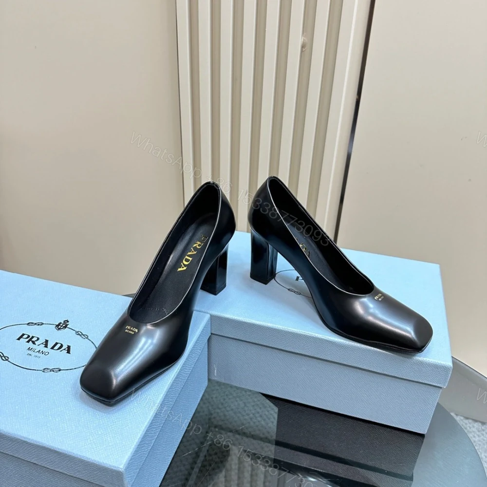 View 5 of 高仿Prada*1I837A方頭粗跟高踭鞋8.5CM小牛皮黑色免檢版