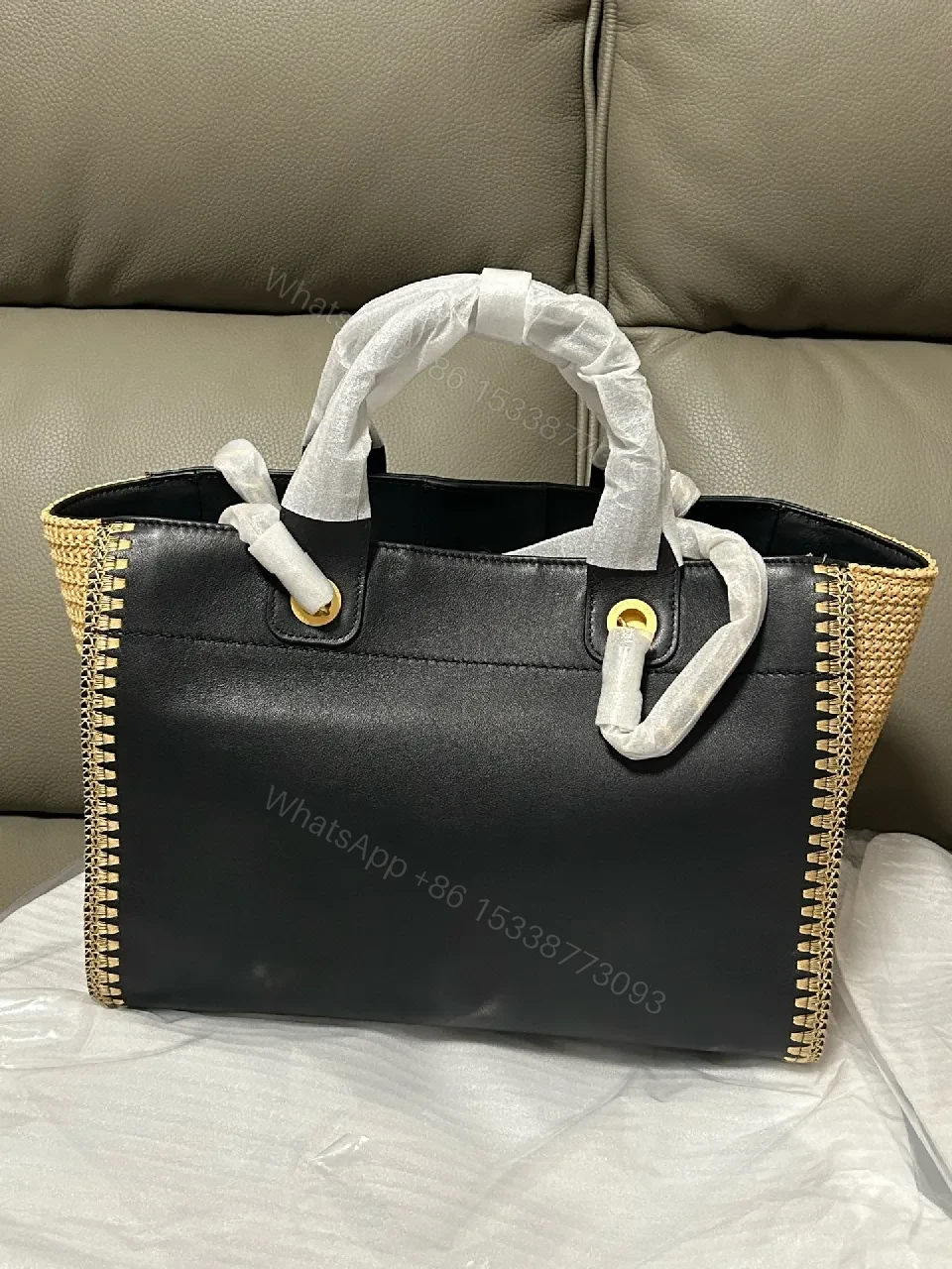 View 6 of Black Leather Tote with Gold Detailing, Everyday Sophistication