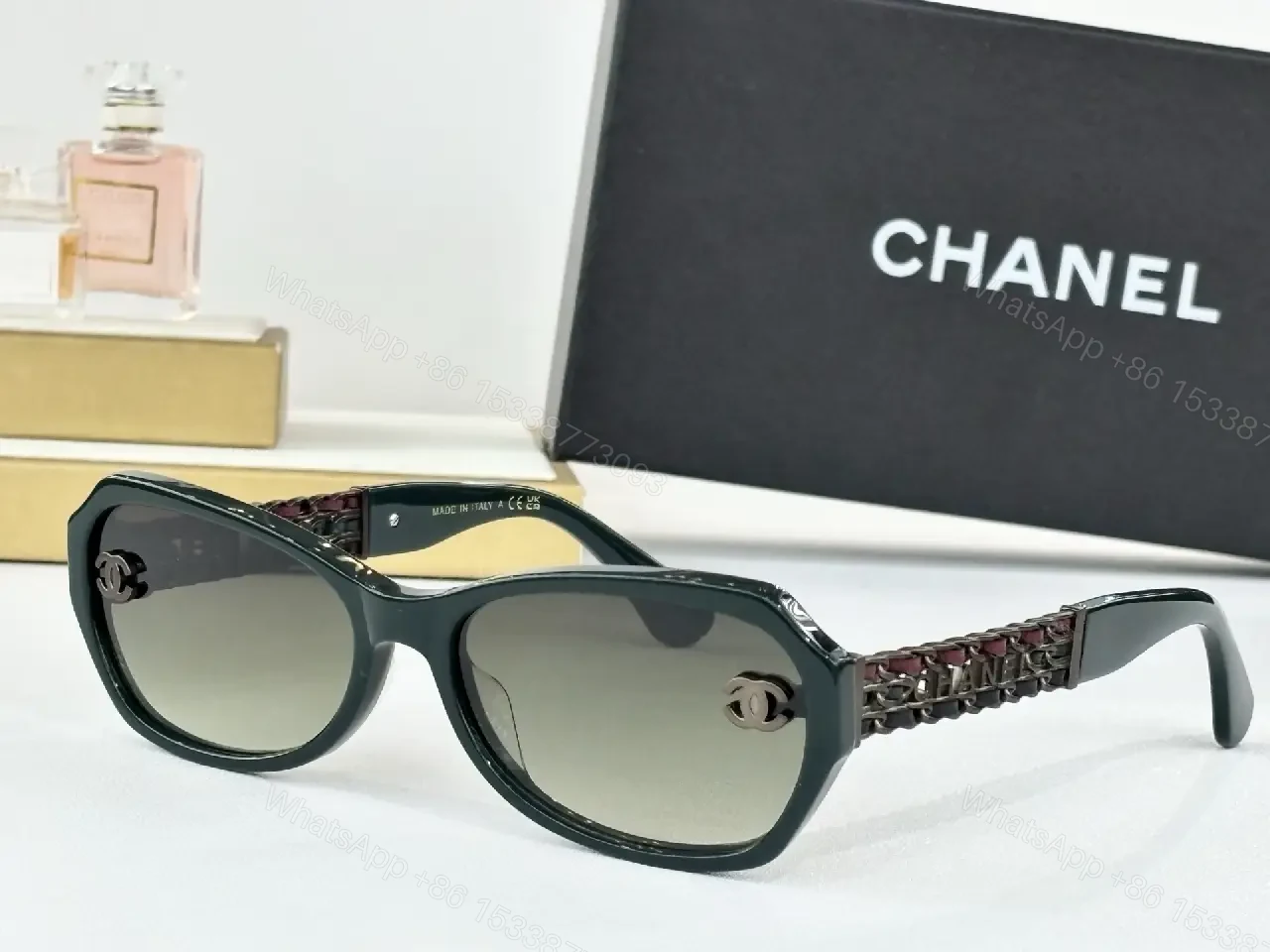 View 2 of Black Acetate Sunglasses + Gold Chain Temples + Luxe Style + All-Day Comfort + Sunglasses