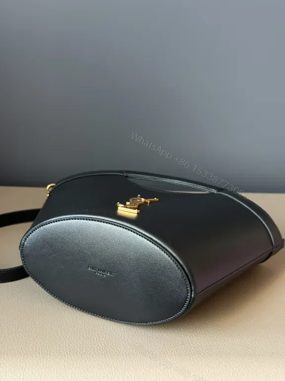 View 3 of Chic Black Leather Satchel: Gold YSL Monogram Bag