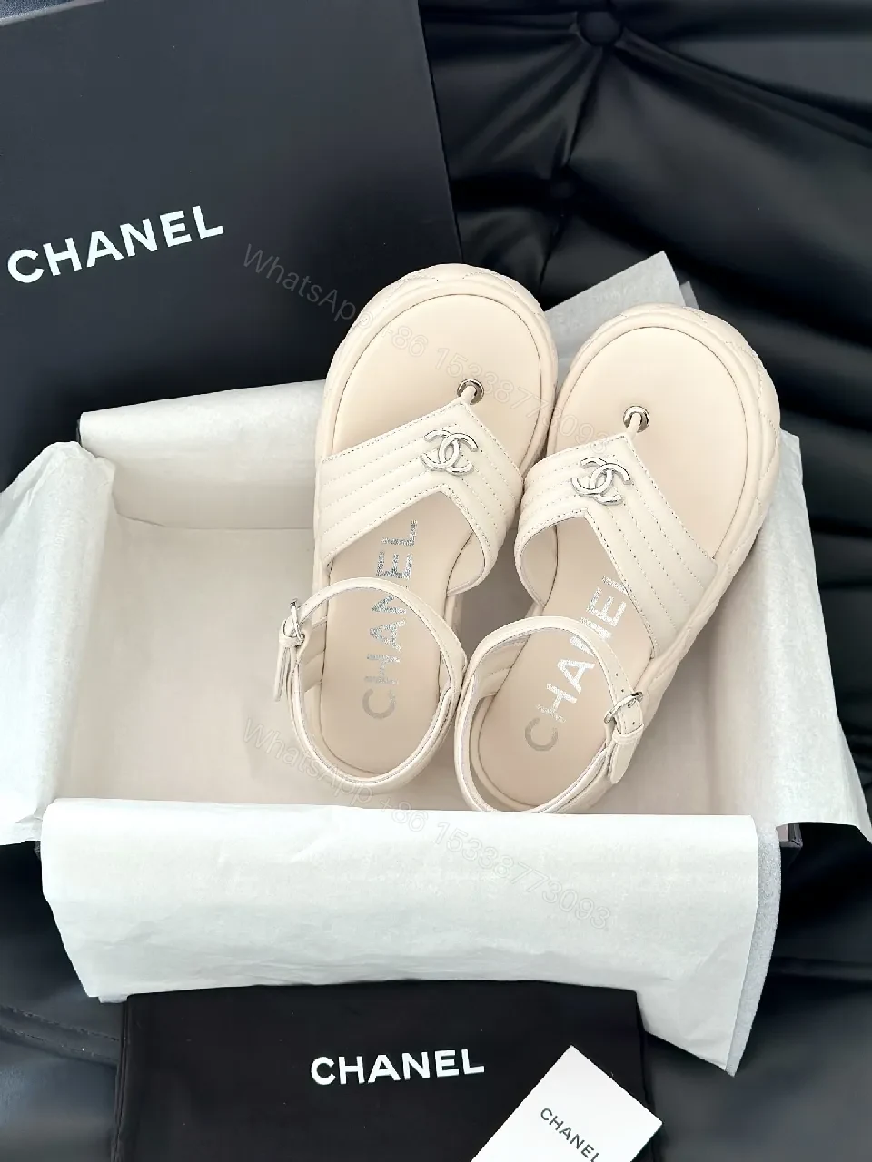 View 9 of Elegant Comfort Sandal: Signature Hardware, Open-Toe, Beige Leather-like Finish
