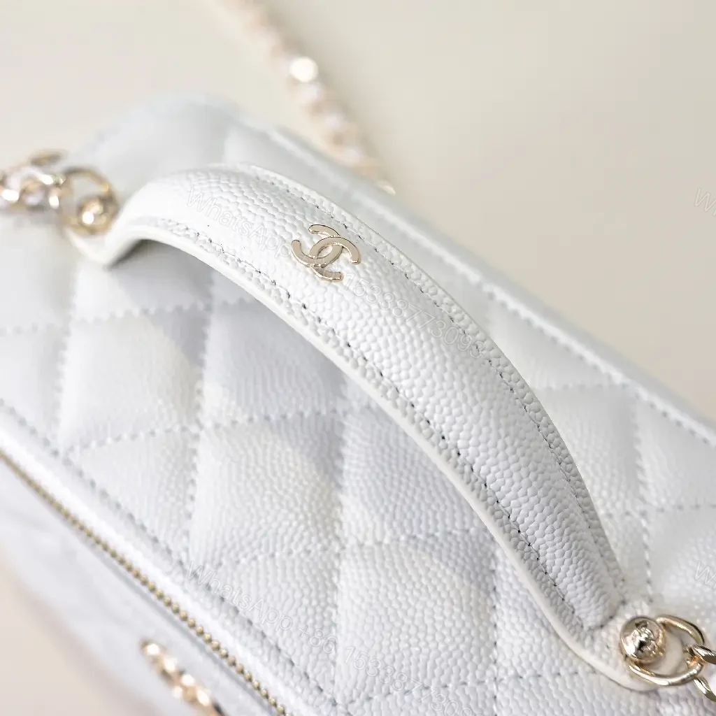 View 5 of Quilted White Belt Bag with Gold Emblem, Compact Luxury
