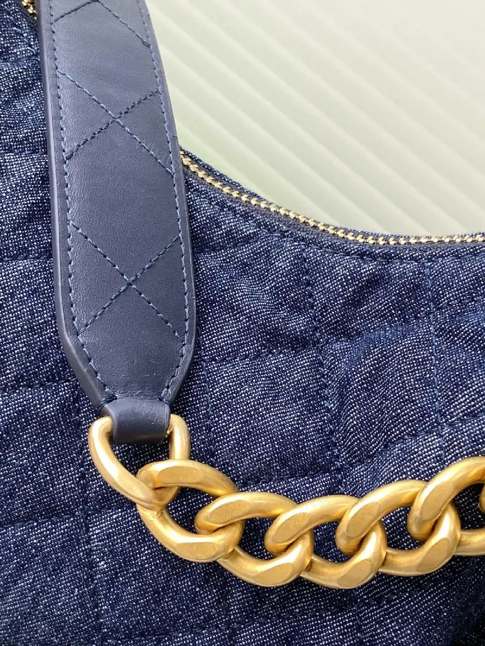 View 3 of Denim-Texture Luxe Shoulder Bag with Gold Hardware