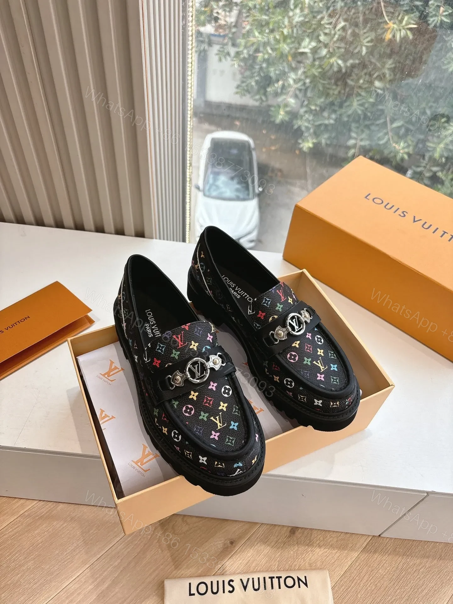 LV Women Black Patterned Leather Loafers — view 1