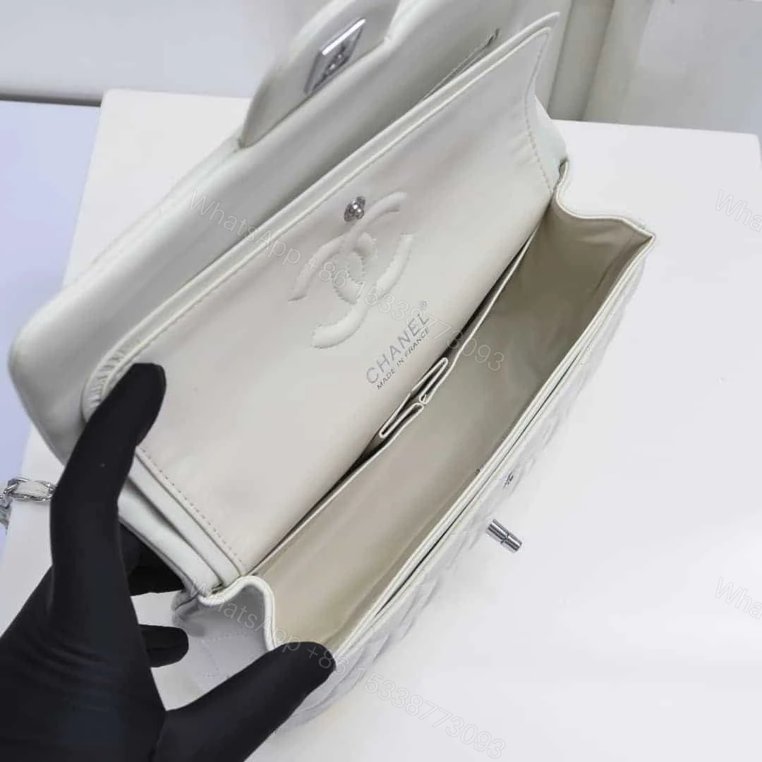 View 3 of CHANEL CLASSIC DOUBLE FLAP BAG WHITE SILVER HARDWARE 25CM