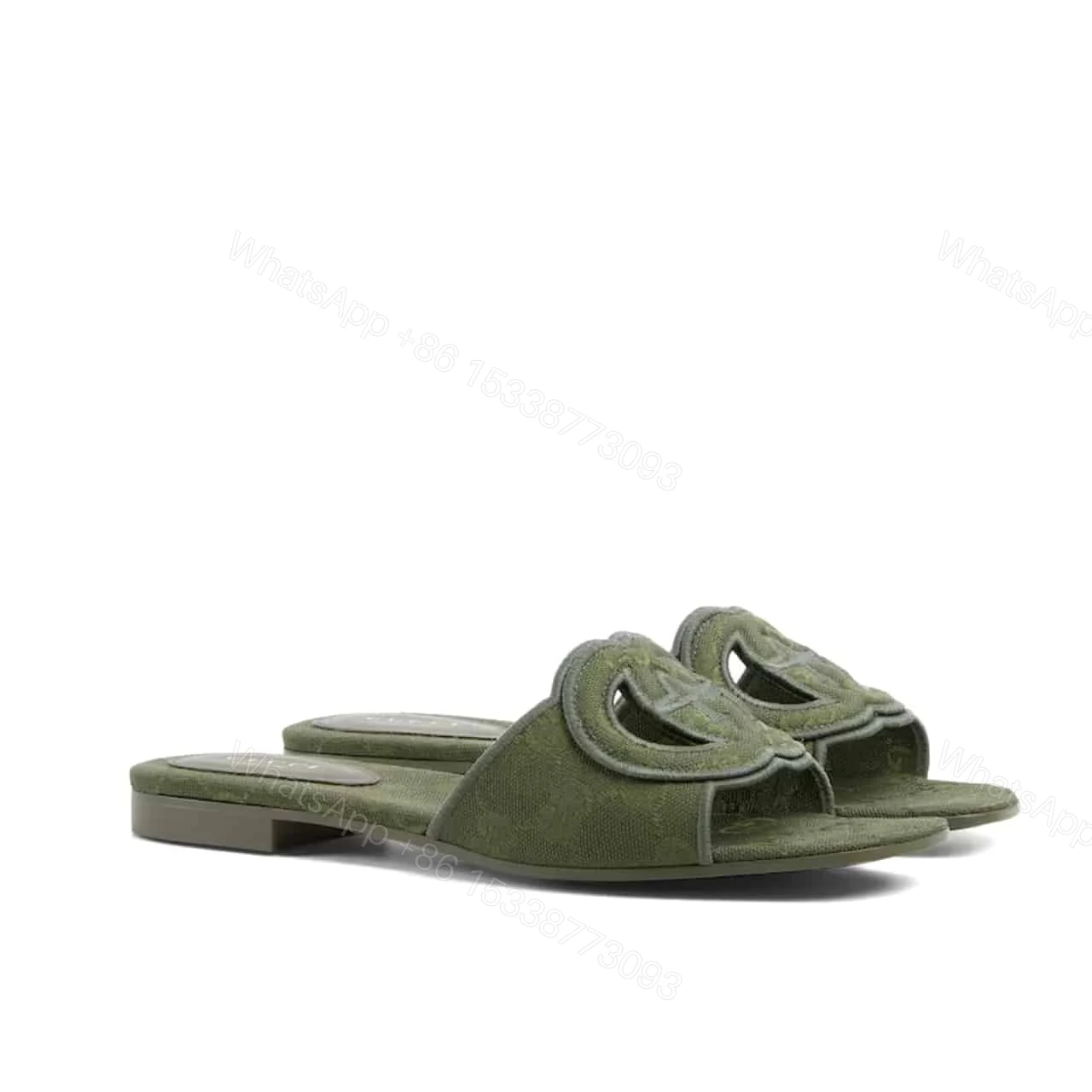 GUCCI WOMEN SLIDE SANDAL WITH INTERLOCKING G GREEN GG CANVAS 790447 9SF00 3005 — view 1