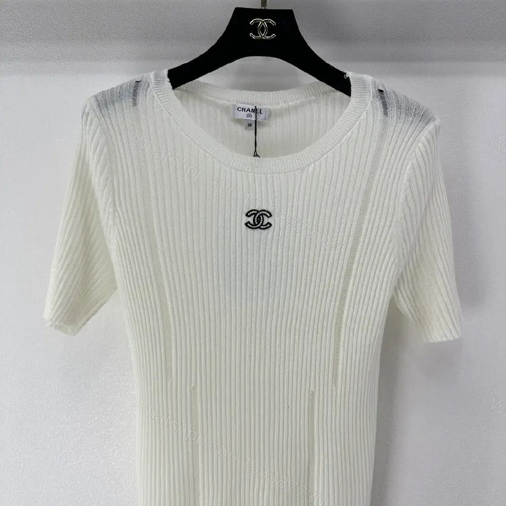 View 8 of Minimalist Ribbed Knit Tee with Subtle Crest Logo - White/Creme, Premium Knit, Crewneck Tee