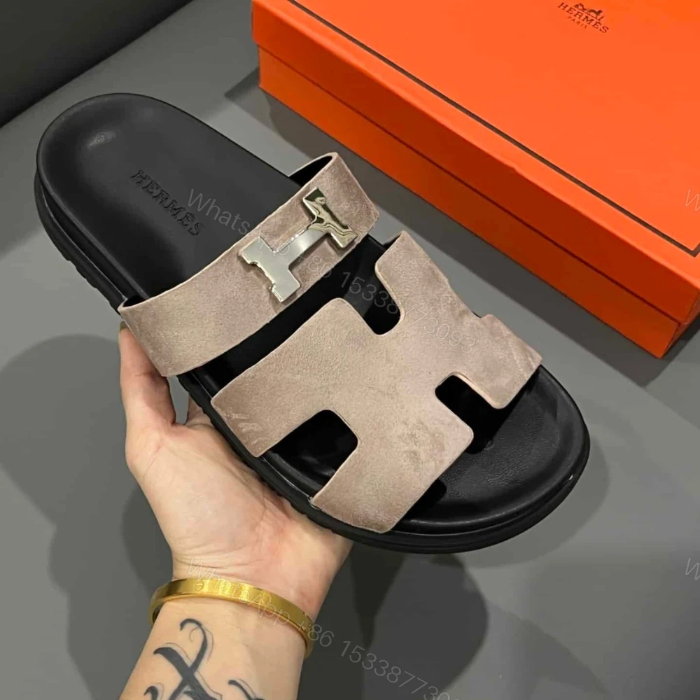 View 5 of Hermes Chypre Sandal Suede H Logo Silver Hardware Light Brown