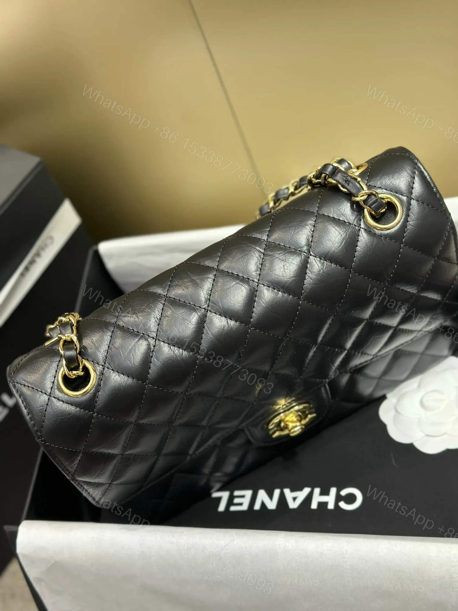 View 6 of Chanel Classic Lock Gold With Black Wrinkled Skin Like Auth Handbags 25cm