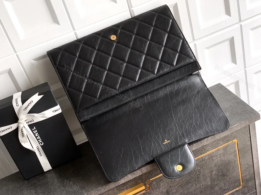 View 3 of Quilted Black Clutch with Gold-Accent Hardware Luxury Compact