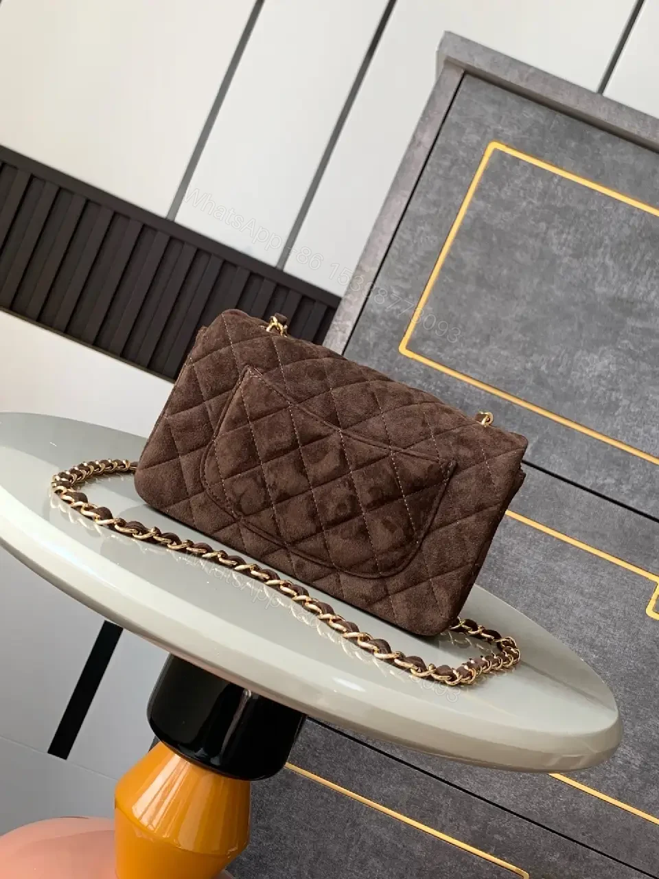 View 3 of Rich Quilted Brown Bag with Gold Hardware - Compact Leather-Style Shoulder Bag