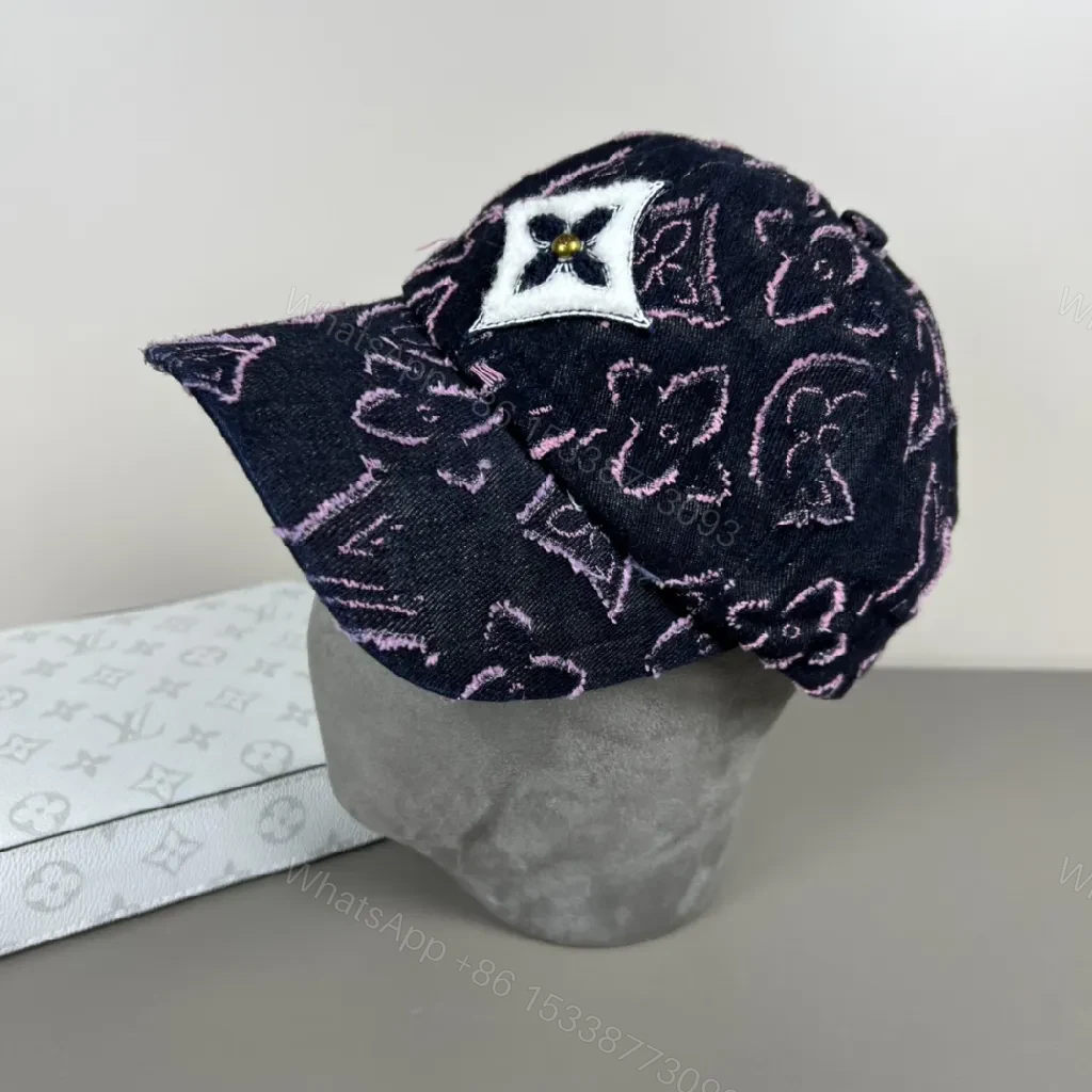 View 2 of Textured Pattern Cap: Navy Denim, Pink Stitch, Luxury Flair