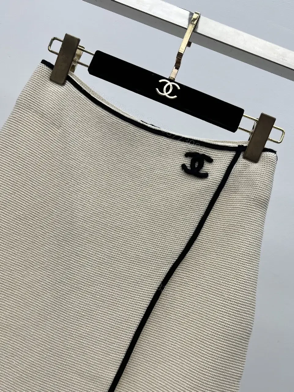 View 8 of Beige Tweed Skirt with Black Piping and Chanel Logo Slim A-Line Skirt