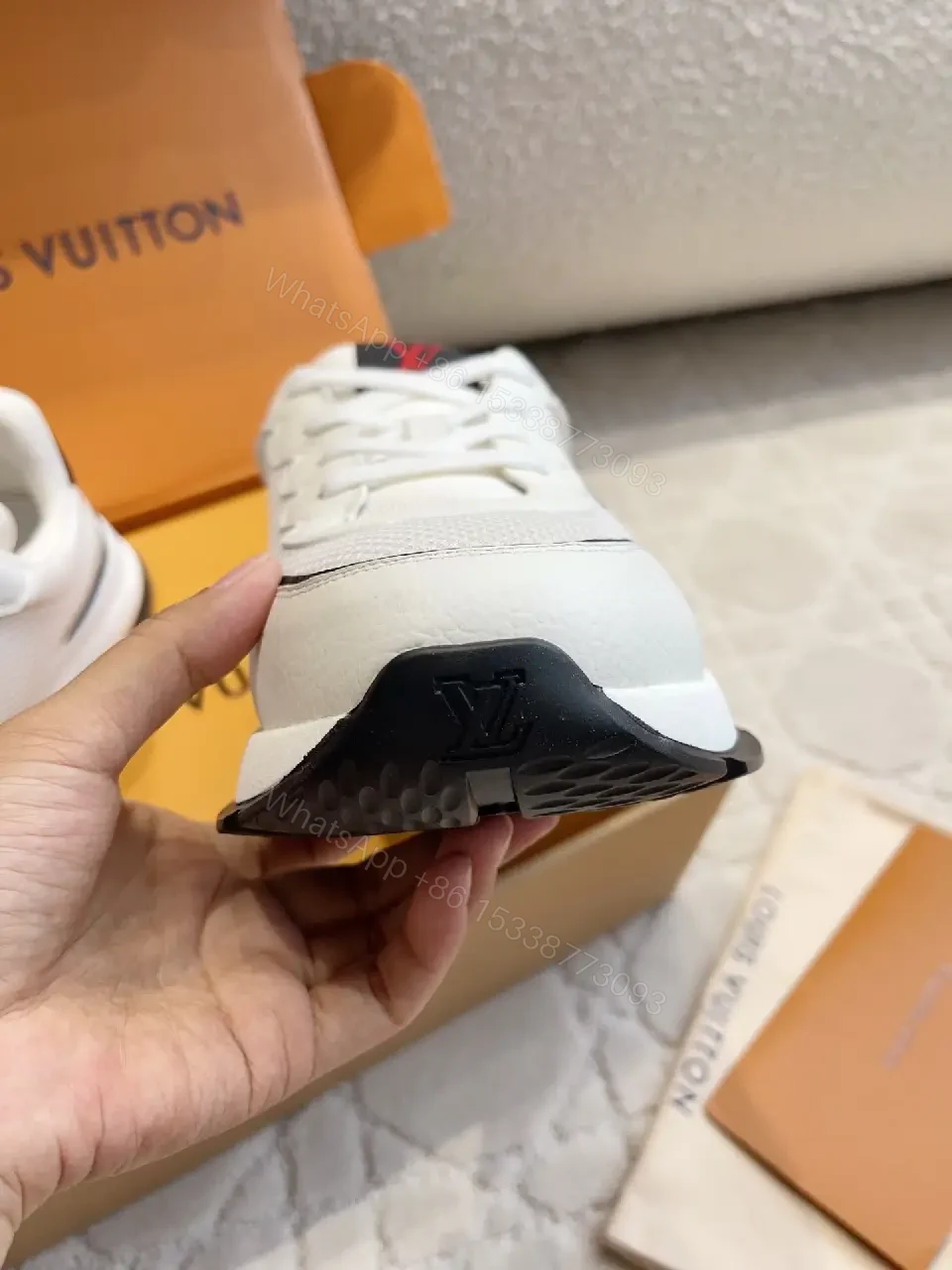 View 5 of White Leather Sneaker with Red LV Logo, Modern/Chunky Style, Comfort Feature, Louis Vuitton Sneaker