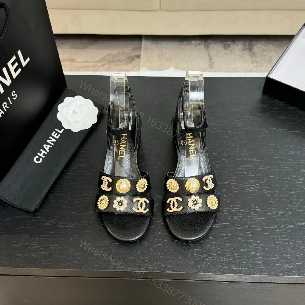 View 3 of Black Satin Sandals with Gold Hardware – Modern Chic Statement Sandals