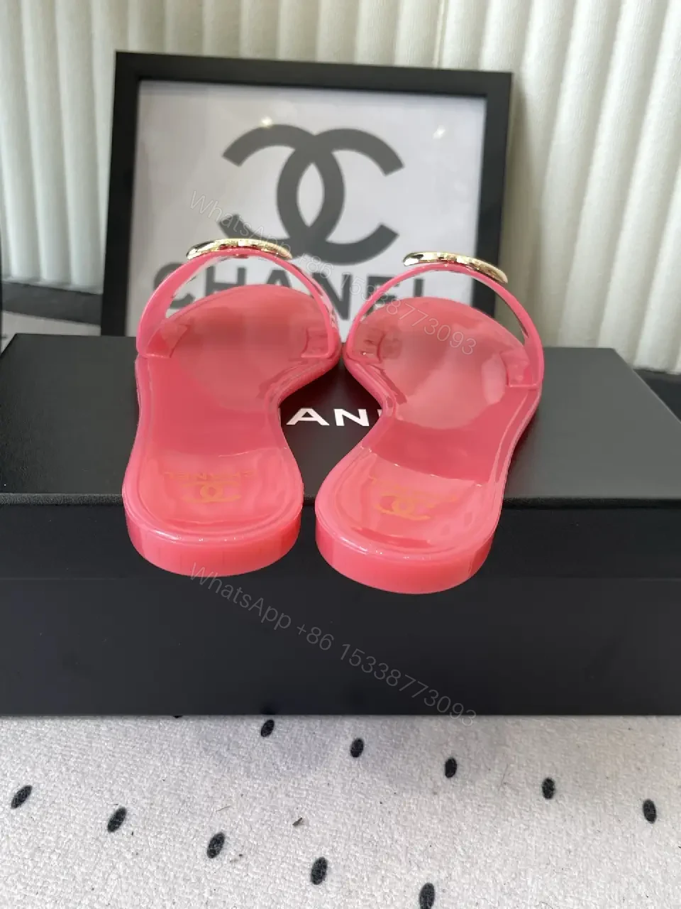 View 7 of Pink Plastic Slide Sandals Gold Logo Chanel Style Luxury Comfort Sandals
