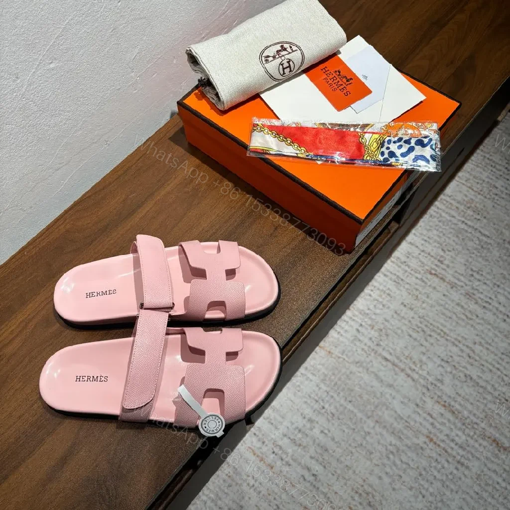 View 5 of Pink Leather Slides with Signature Hardware Luxury Comfort