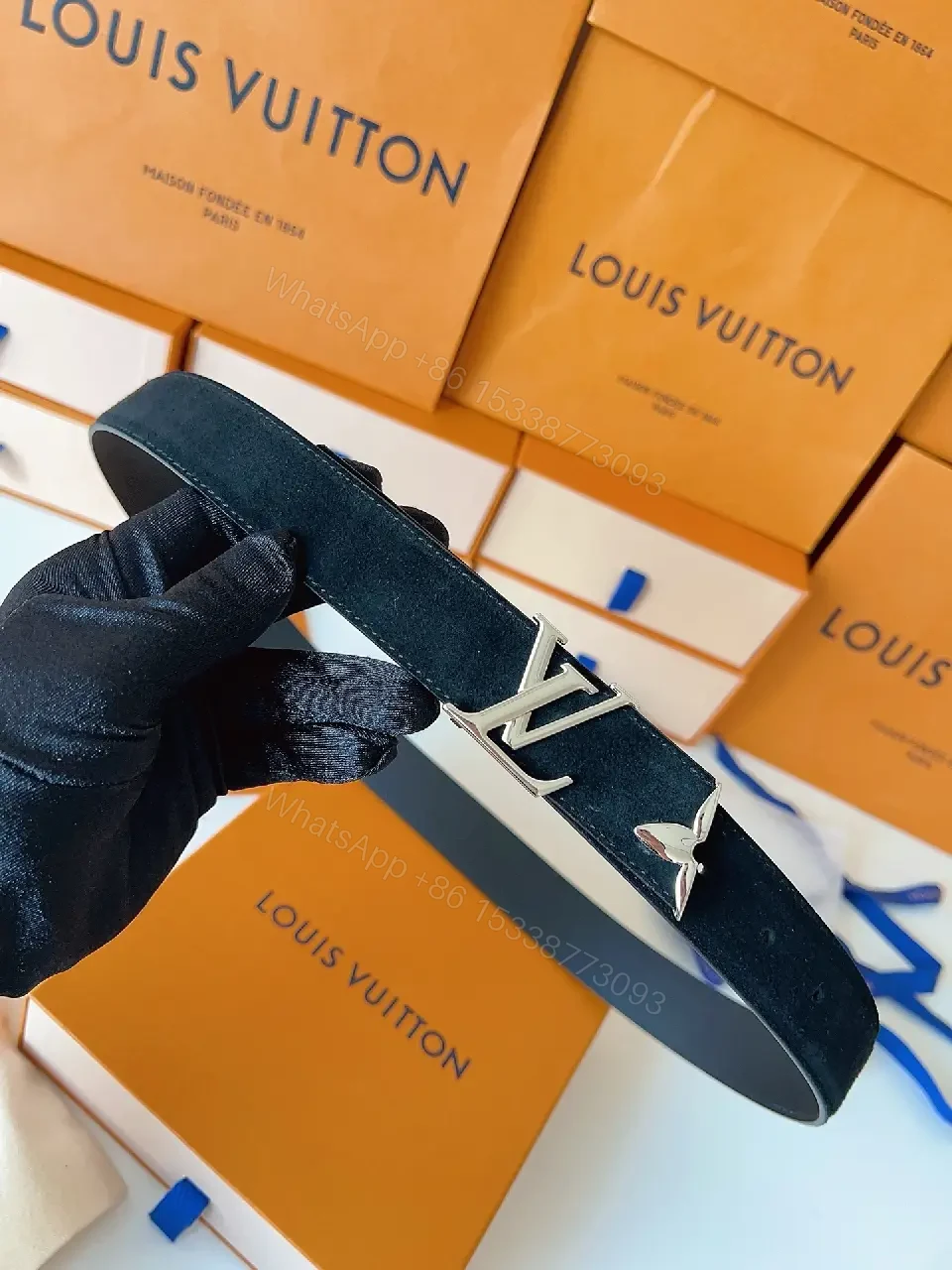 View 2 of Lux Calfskin Belt: Black, Gold Buckle, Minimal Luxury