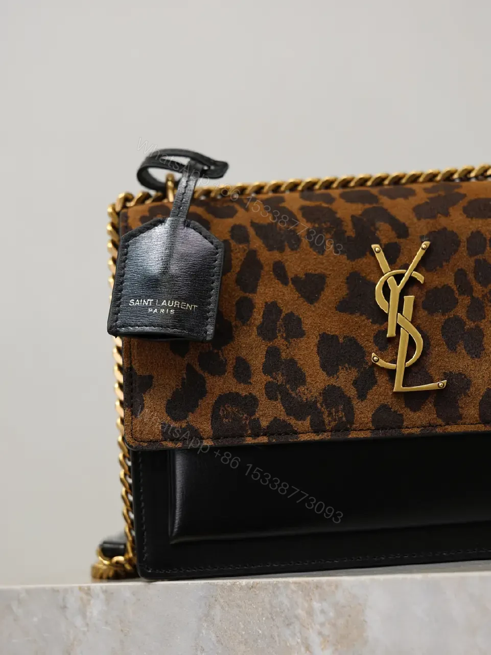 View 3 of Leopard Print Flap Bag with Gold Monogram Chain Strap
