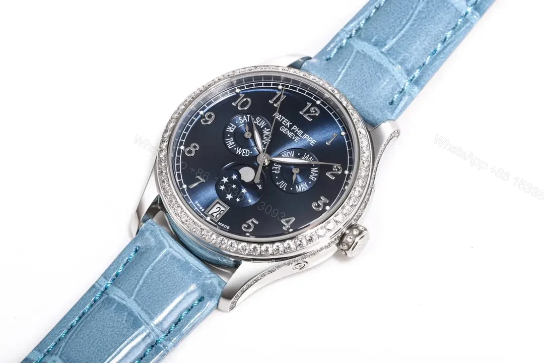 View 4 of Patek Philippe Complications Collection Annual Calendar Moon Phase Women’s Watch in Blue with Diamond Set Case 38mm Italian Leather Strap