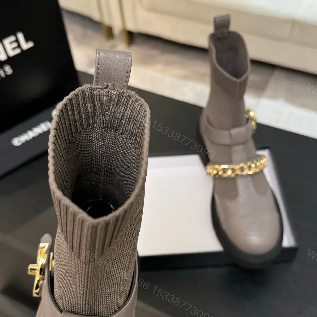 View 8 of Taupe Knit Sock-Ankle Boots with Leather Accents and Gold Chain