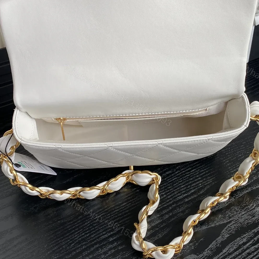 View 2 of CHANEL MEDIUM FLAP BAG 26 IN WHITE CALFSKIN GOLD DOUBLE C THICK CHAIN