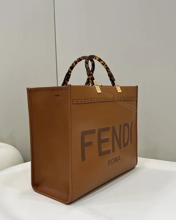 View 2 of Structured Cognac Leather Tote: Bold FENDI ROMA Logo, Premium Structure