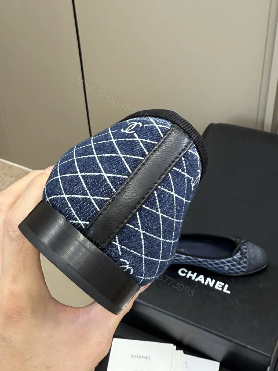 View 8 of Denim-Texture Ballet Flats with Logo Intarsia