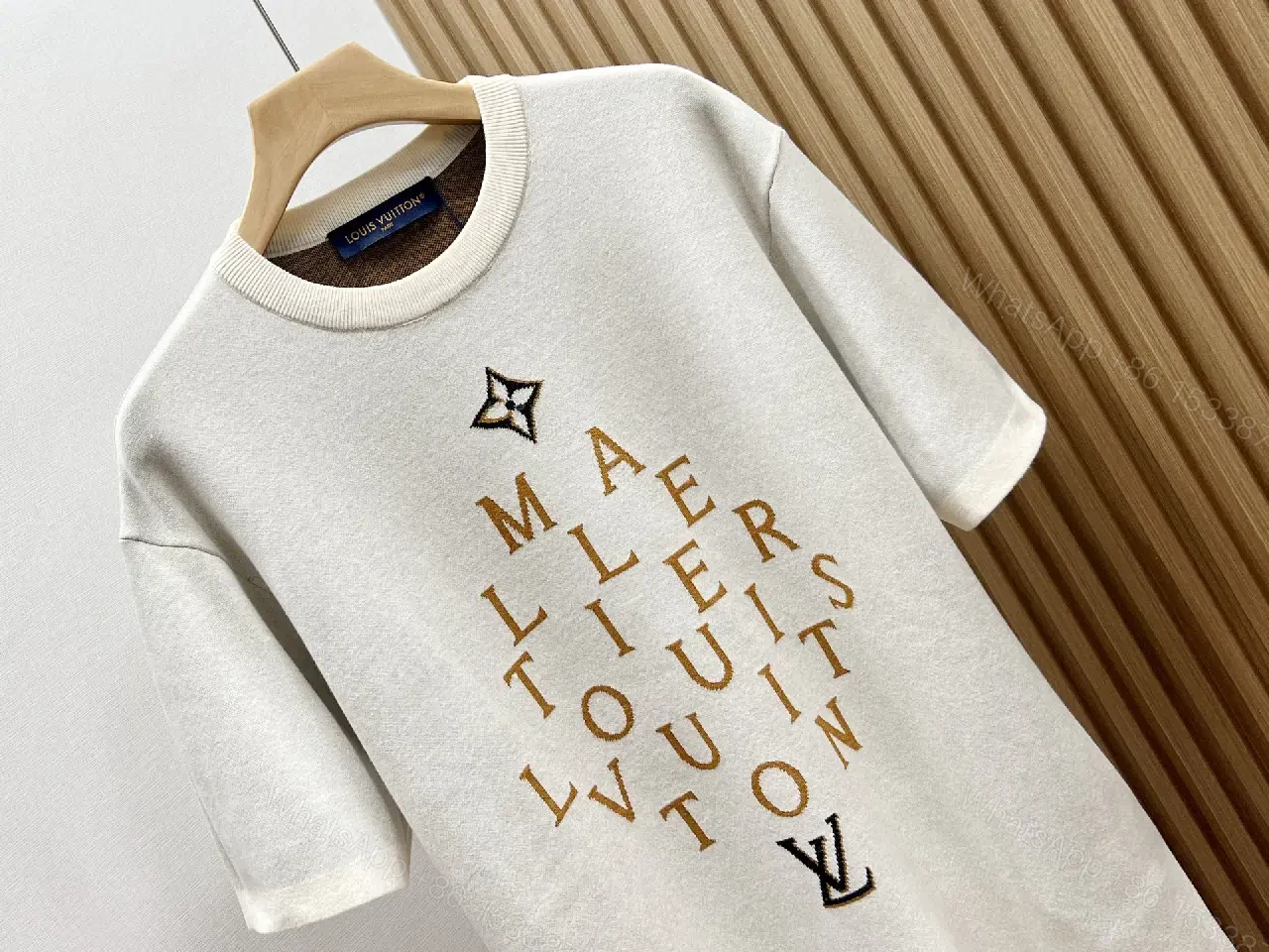 View 5 of Light Beige Crewneck T-Shirt with Gold-Brown Circular LV Print
