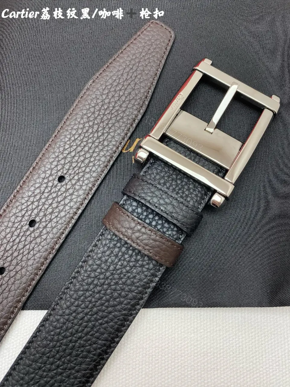 View 5 of Black Leather Belt Textured Grain with Silver Square Buckle - Cartier Style
