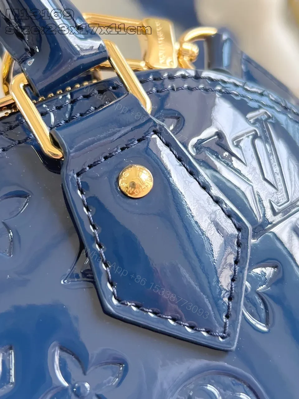View 5 of Glossy Blue Satchel: Monogram-Texture Patent Tote