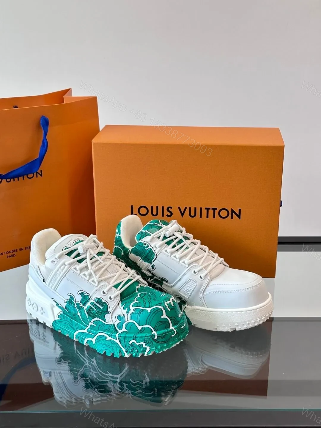 View 5 of LV Men White Green Leather Sneakers