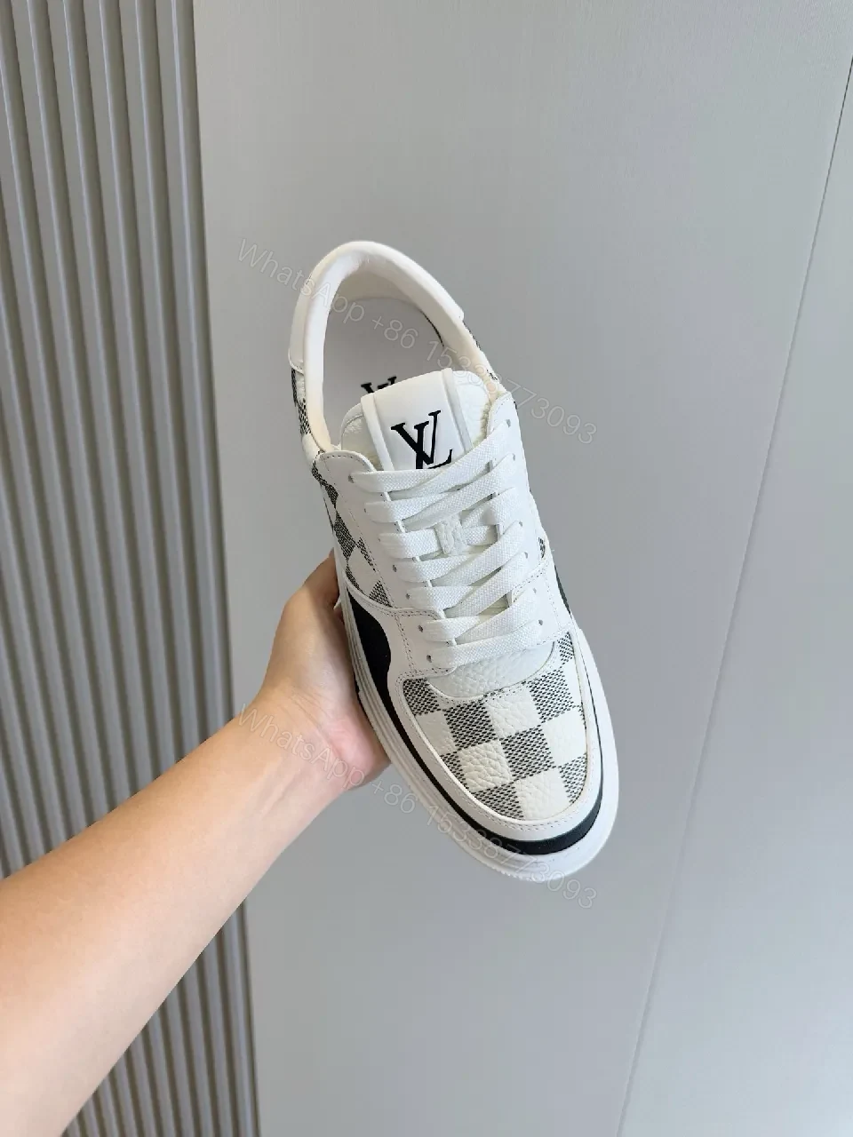 View 5 of White & Grey Checkerboard Leather Sneaker, LV Detail, Low-Top