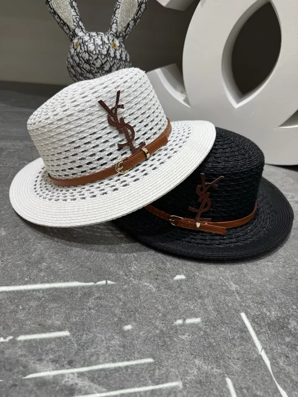 View 6 of Natural Straw Fedora Hat Leather Strap YSL Emblem