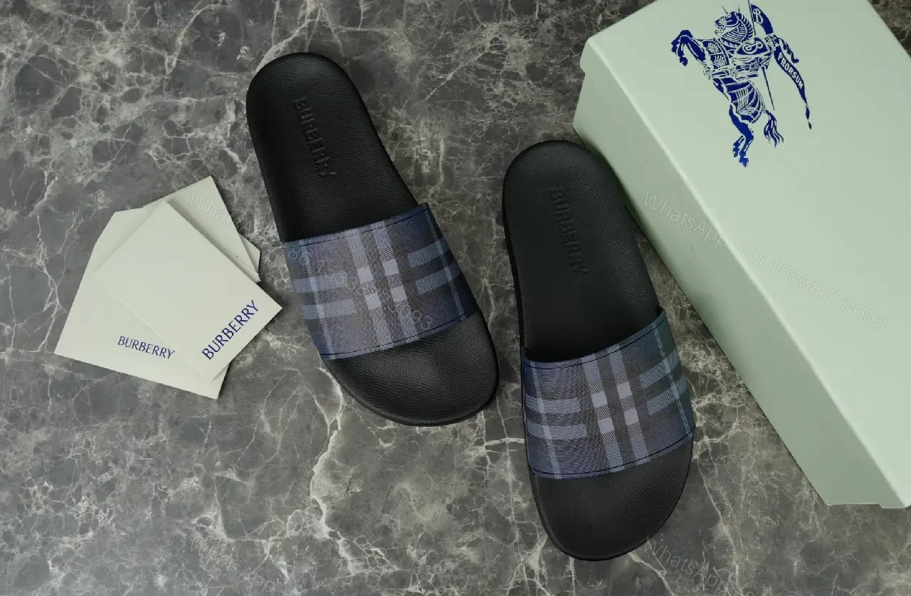View 2 of Blue Plaid Slide Sandals with Burberry Design
