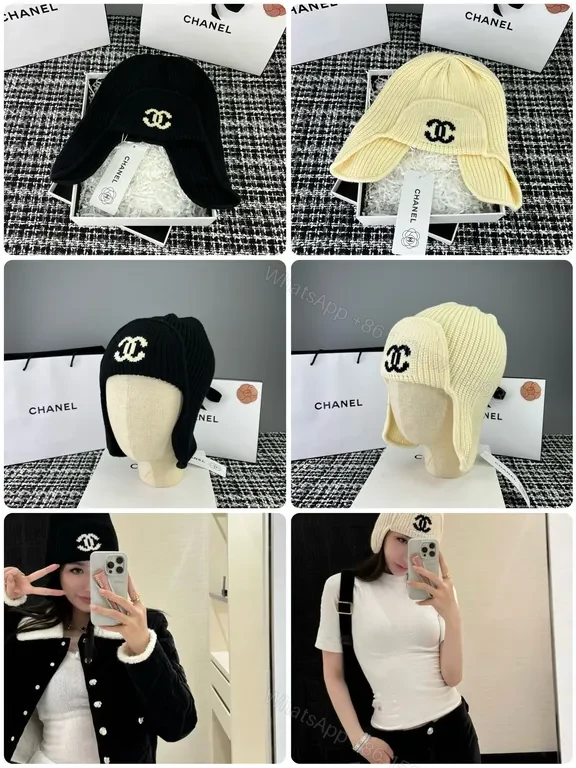 View 3 of Chanel Knit Set: Black & Cream, Signature Logo Hat & Scarf