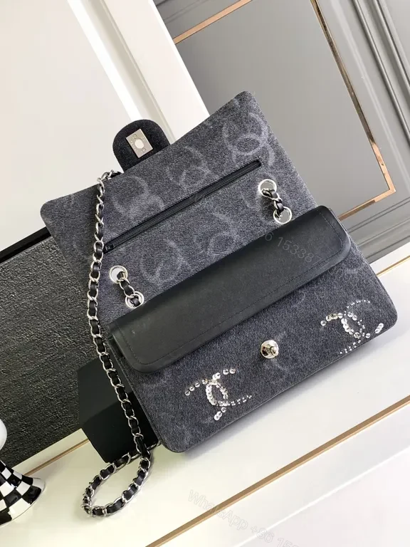 Chanel-Style Denim Flap Bag with Crystal Chain Detail - Modern Luxury — view 2