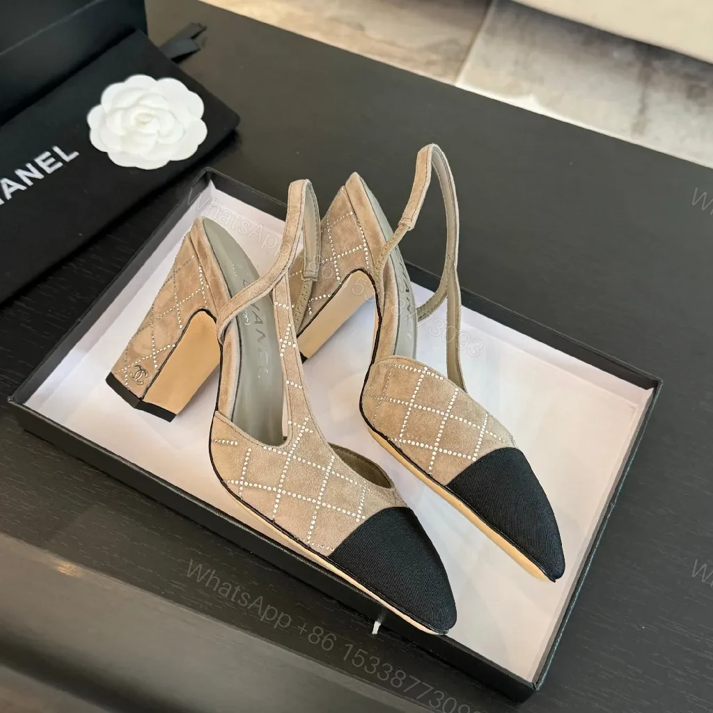 View 8 of Taupe Grid Textured Slingbacks with Black Cap Toe - Elegant Heels