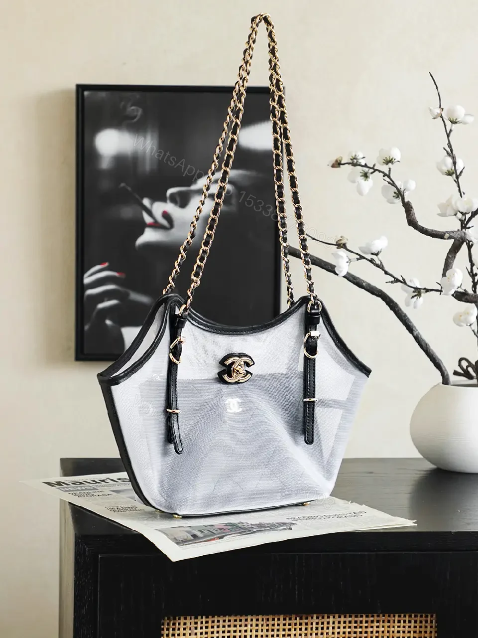 View 9 of White & Black Quilted Tote Mini Clutch with Gold Chanel Logo
