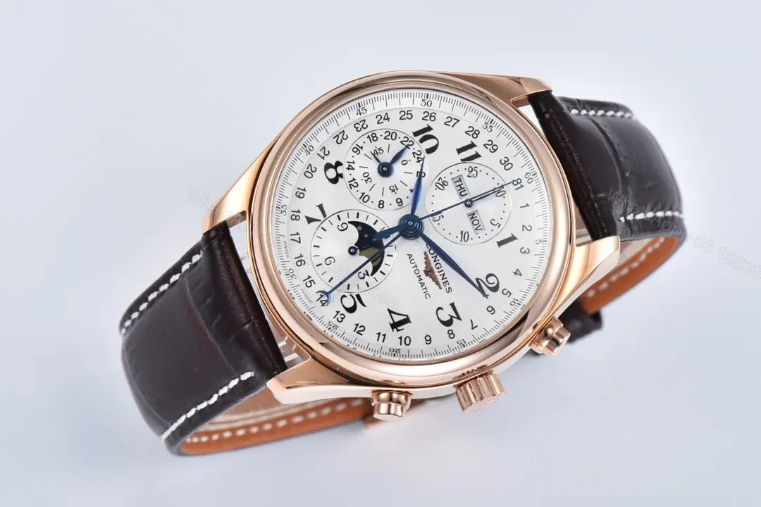 View 2 of Longines Master Collection Moonphase Chronograph Watch Rose Gold with White Dial and Brown Leather Strap