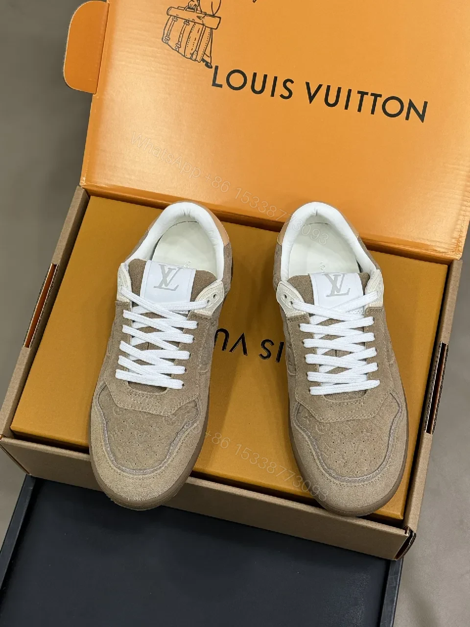 View 2 of Low-Top Luxe Sneaker: Taupe Suede, Monogram Textured Comfort