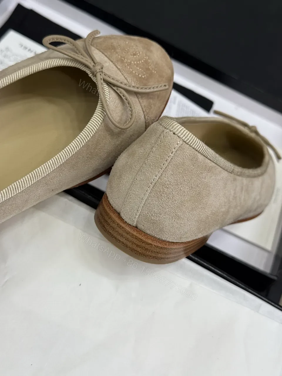 View 2 of Beige Suede Ballet Flats with Discreet Logo Emblem