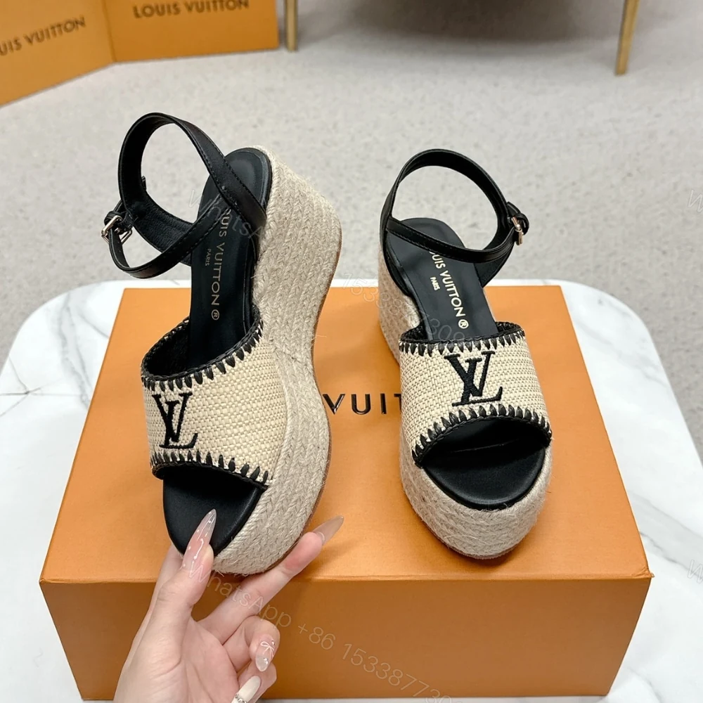 View 4 of LOUIS VUITTON HELIOS WEDGE SANDAL RAFFIA BLACK