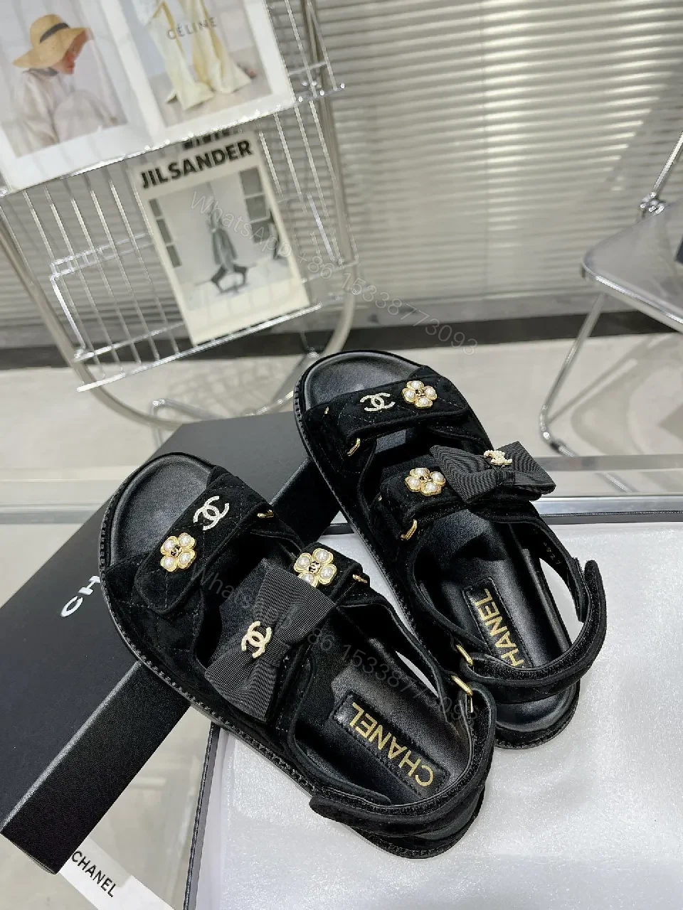 View 7 of Velvet Sandals + Pearl-Embellished Hardware + Chanel-Inspired + Luxury Comfort + Sandals