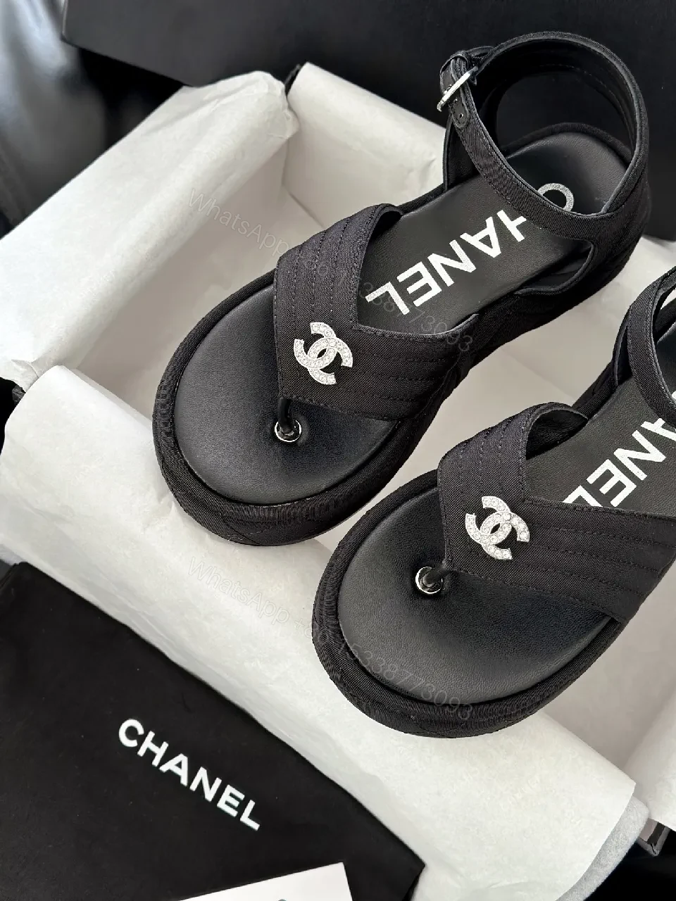 View 8 of Lux Black Sandals • Textured Upper • Logo Strap Luxe Comfort