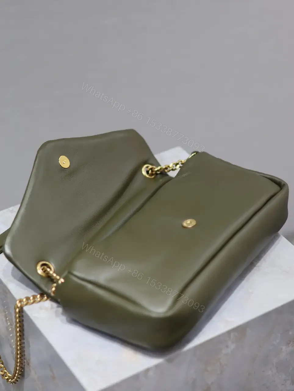 View 3 of Olive Leather Mini Bag: Structured, Gold YSL Logo, Compact Elegance