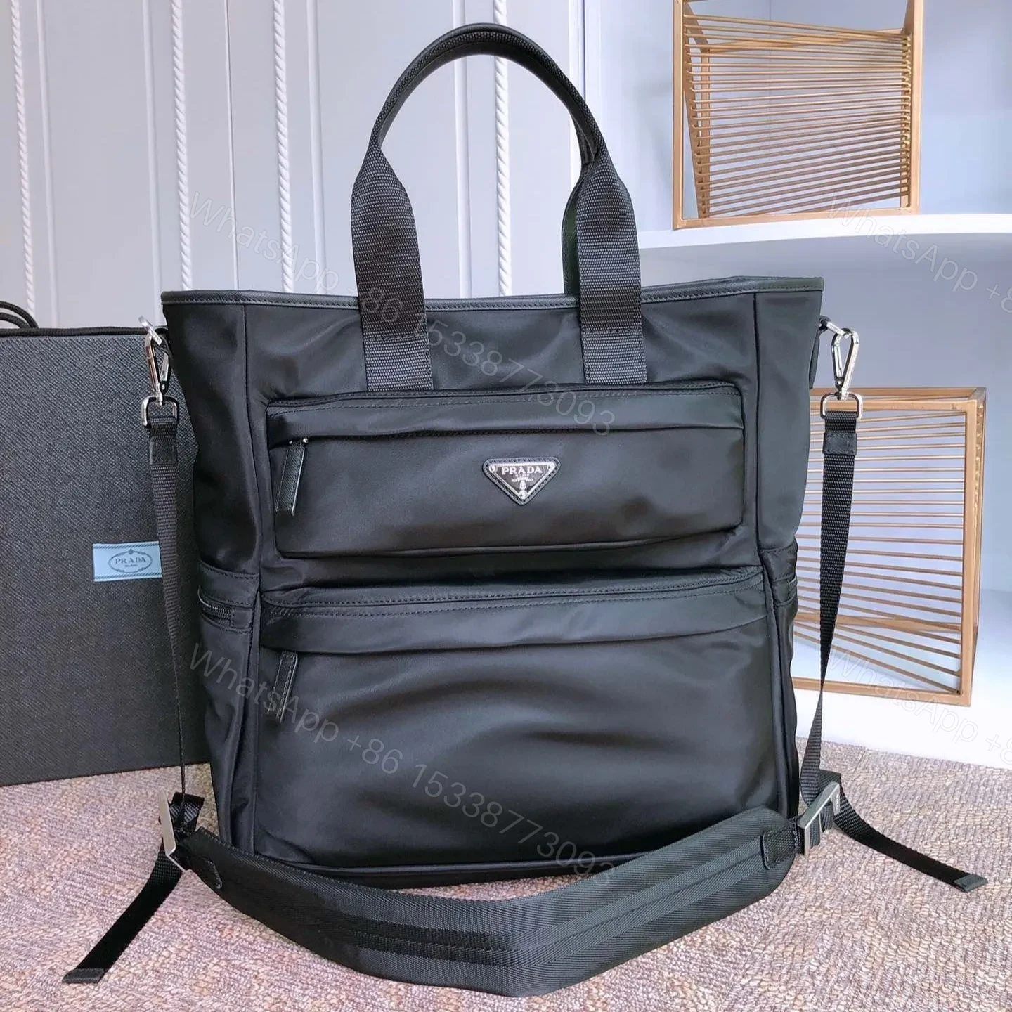 TOTE BAG 38 IN BLACK RE-NYLON AND SAFFIANO LEATHER TRIM — view 1