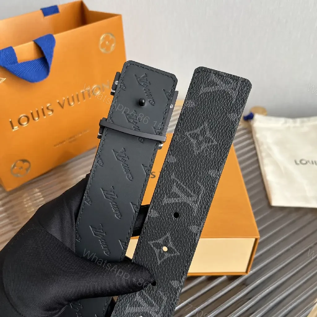 View 2 of Black Leather Belt Monogram Pattern with Gunmetal LV Buckle