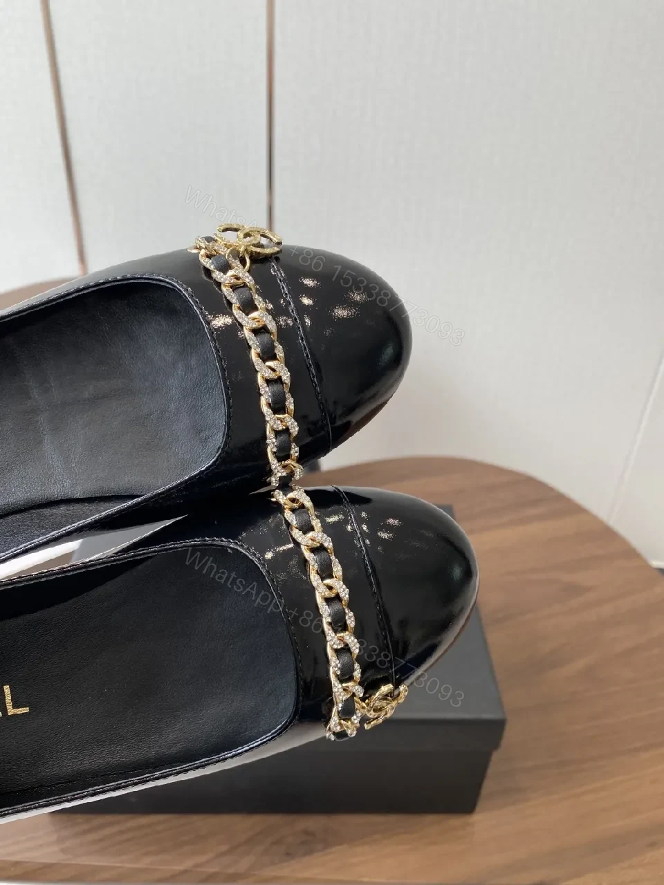 View 3 of Black Leather Ballet Flats with Gold Chain Hardware